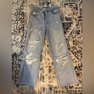 Zara Light Blue Distressed Straight-Leg Jeans